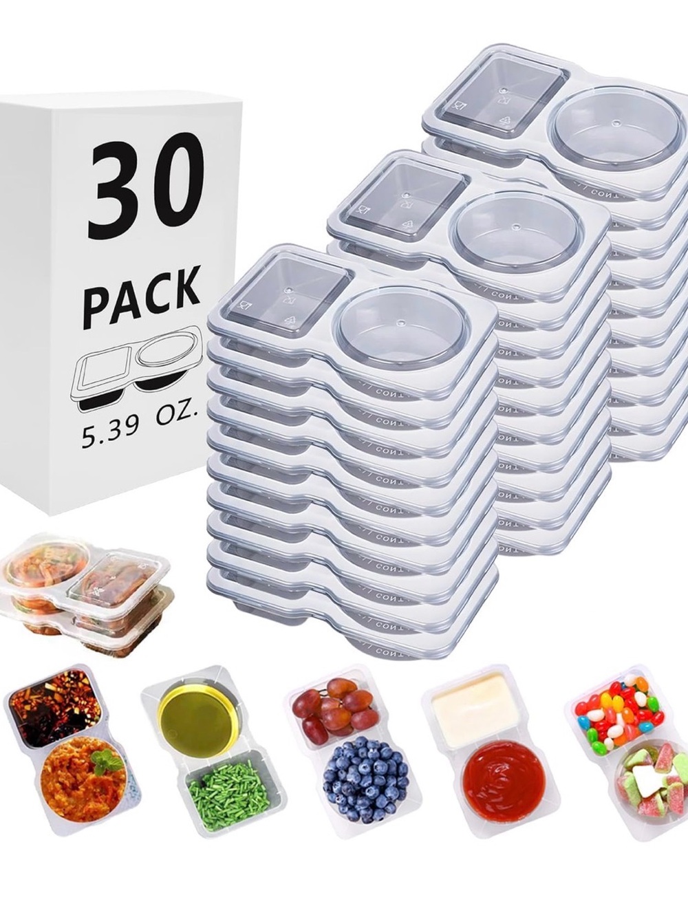 30-Pack Clear Dual-Compartment Sauce & Snack Containers - Clear